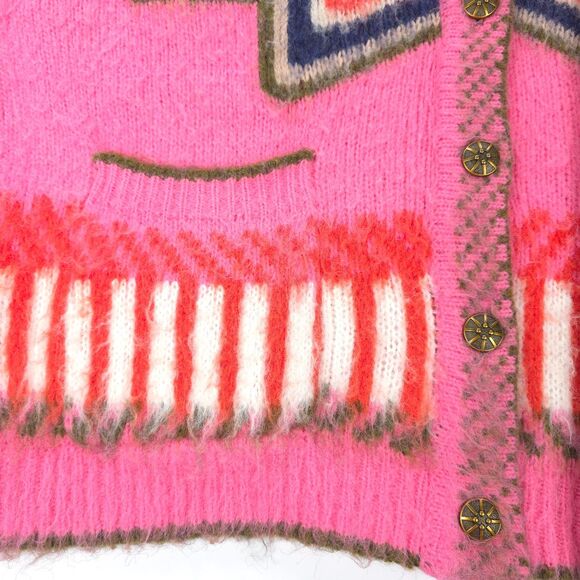 VITA GRACE Wool Mohair Carousel Fair Isle Fuzzy Knit Cardigan Oversized Boho - Picture 5 of 9